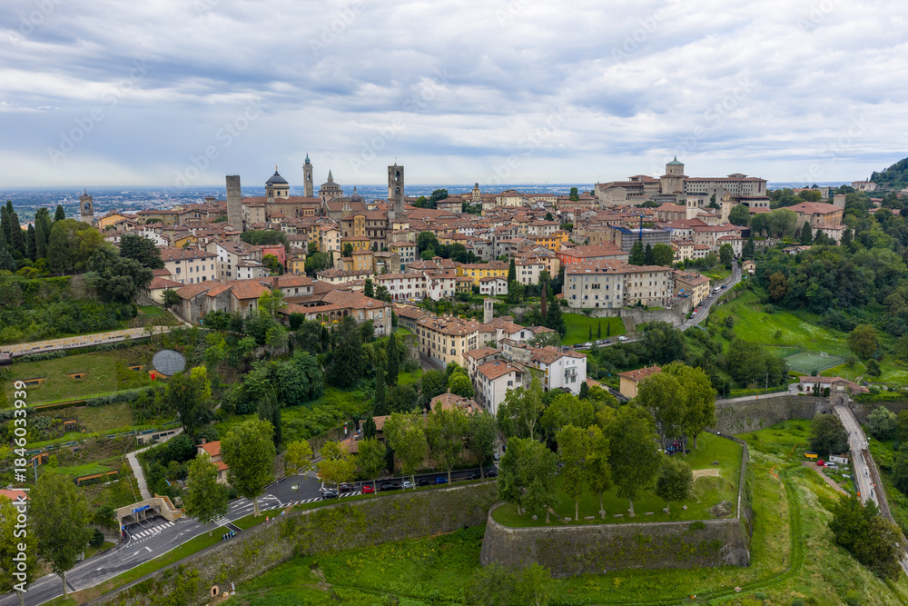 Naklejka premium Aerial view of Città Alta skyline and Venetian walls - Bergamo, Italy