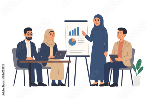 Business team meeting discussion with diverse professionals in office illustration