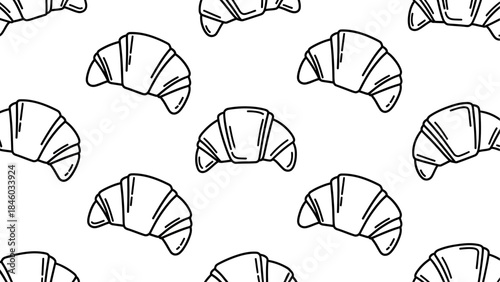 Seamless pattern of hand drawn black outline croissants on white background for bakery menu or packaging design