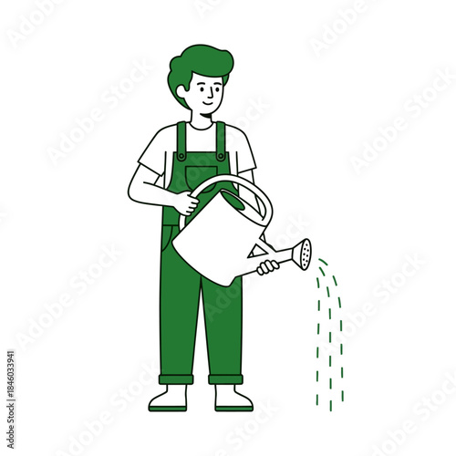 Gardener in Overalls Watering Plants with a Watering Can - Illustration of a person tending to their garden