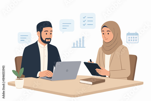 Business partners working together with laptop and documents in modern office illustration
