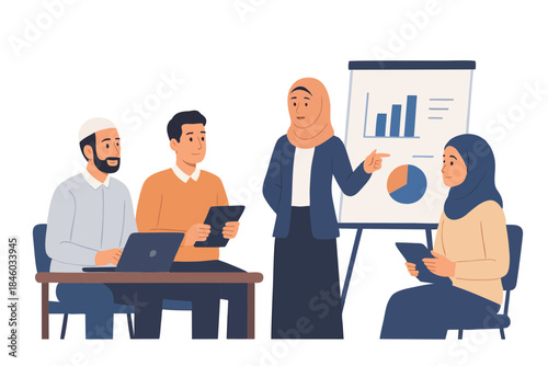Professional team discussing business presentation with charts during office meeting illustration