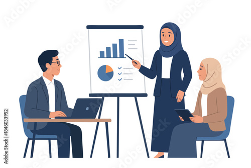 Professional business presentation using flip chart during office meeting illustration