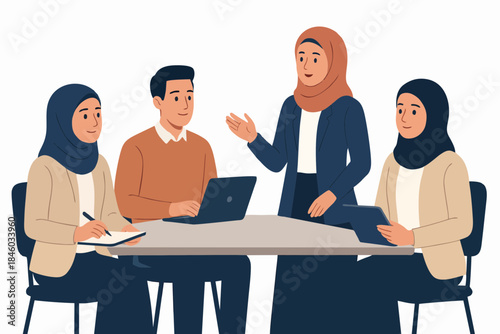 Business team discussion at meeting table with laptop and presentation illustration