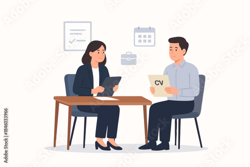 Professional job interview meeting between recruiter and candidate illustration