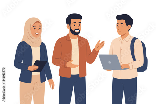 Professional business conversation among colleagues in modern office illustration