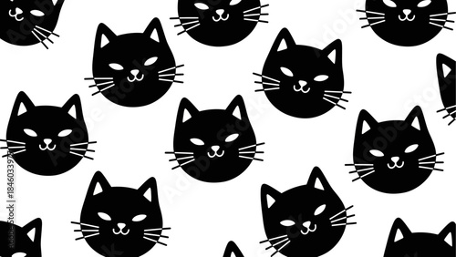 Seamless pattern of cute cartoon black cat faces with closed eyes and whiskers on a white background