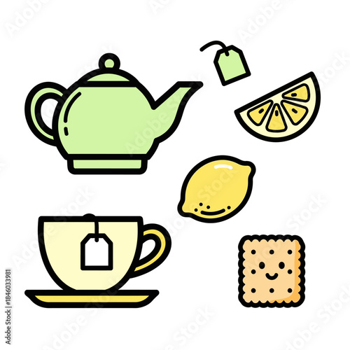 Tea Time Icons Teapot, Cup, Lemon Slice, Lemon, and Biscuit with Smiley Face