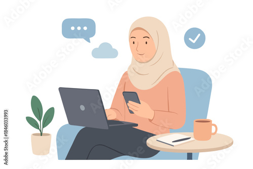 Muslim woman working on laptop at desk, modern professional remote work illustration