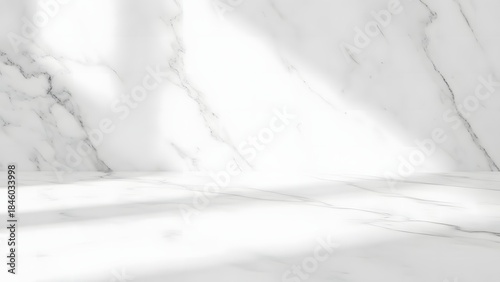 Abstract white marble studio background with natural sunlight creating a bright and clean aesthetic, perfect for product photography and design