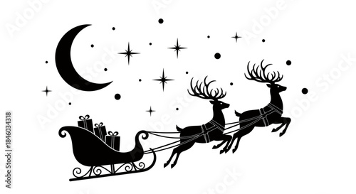 Elegant vector illustration of Santa's sleigh pulled by reindeer under a starry moonlit sky, carrying Christmas presents, perfect for holiday designs.