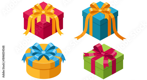 A collection of vibrant isometric vector gift boxes with colorful bows, perfect for holiday celebrations and special occasion designs, isolated on white.