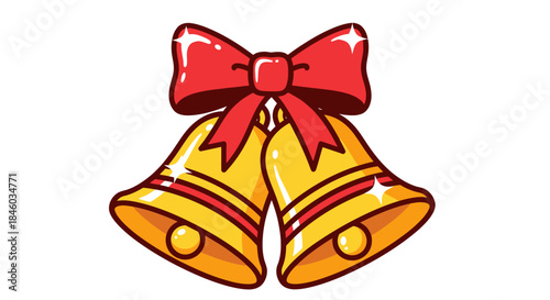 Golden Christmas bells with a red bow, depicted in a simple, flat vector style, perfect for holiday cards, invitations, and festive designs during winter.