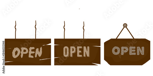 Three sets of wooden hanging boards with rope. Illustration of a hanging board with the word "open" written on it.