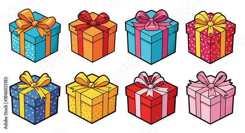 A colorful vector illustration presents a collection of eight festive Christmas presents, each adorned with a decorative bow, perfect for holiday-themed designs and gift-giving concepts.