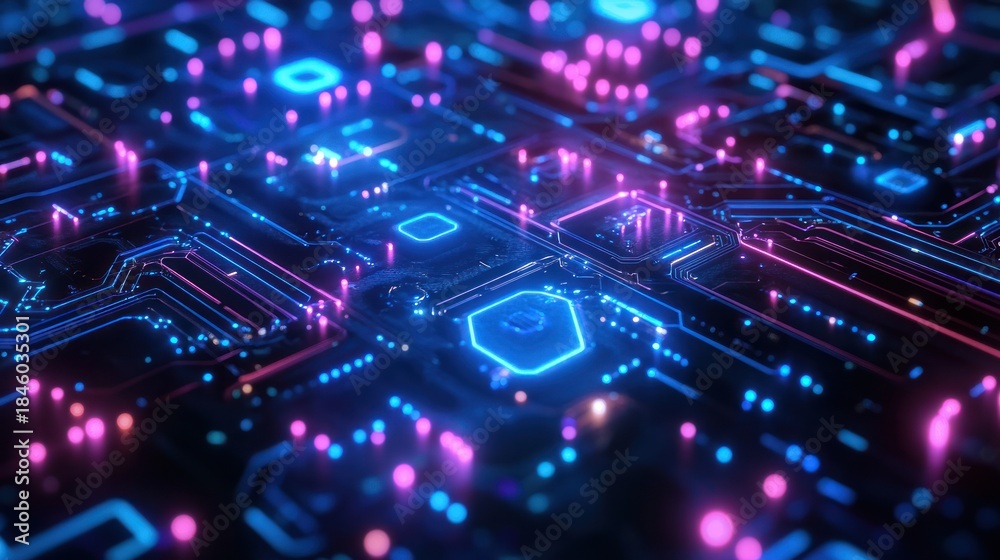 Obraz premium Futuristic Circuit Board, glowing nodes, technology background, digital future, tech concept