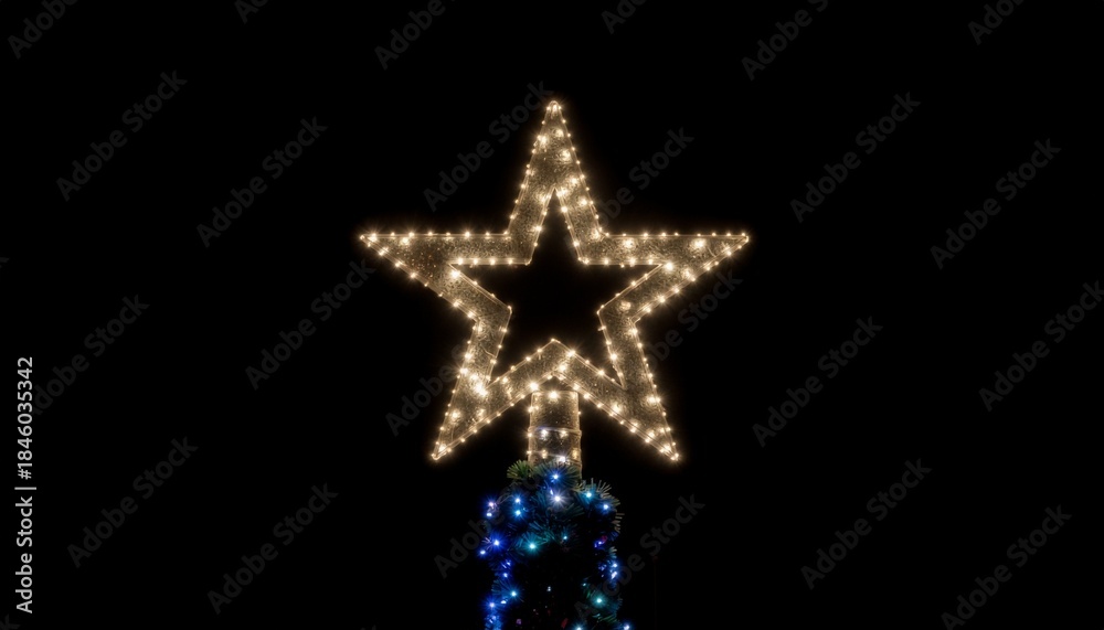Obraz premium Golden Christmas star lights decoration on black.