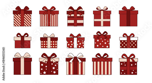 A set of neatly wrapped Christmas presents in various sizes and designs, all tied with festive ribbons, presented as a clean and modern vector illustration.