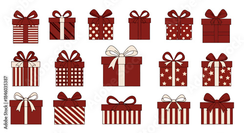 A festive vector illustration showcases a diverse collection of beautifully wrapped Christmas presents, adorned with ribbons and patterns, perfect for holiday design projects.