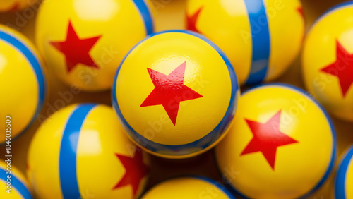 A close-up, high-angle shot features a cluster of bright yellow spheres, each decorated with a single red star in the center and a thick blue stripe circling the circumference.
