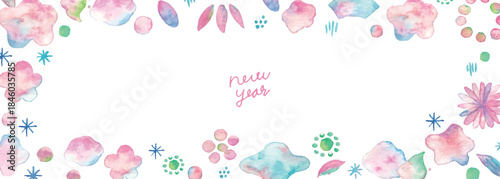 水彩画。水彩タッチの年賀状素材。和風の桜と椿の水彩ベクターフレーム。花の水彩年賀状テンプレート。Watercolor painting. Watercolor New Year's card material. Japanese-style cherry blossom and camellia watercolor vector frame. Floral watercolor New Year