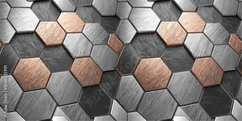 Close-up of metallic hexagonal tiles featuring a mix of silver, gray, and copper tones.