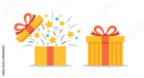 A cheerful vector illustration showcases an open gift box with sparkling stars and confetti bursting out, next to a closed present, symbolizing joy and surprise for holidays.