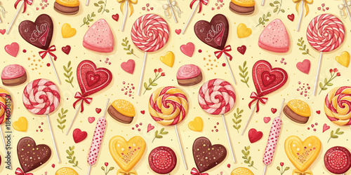 Colorful array of delightful sweets, including heart-shaped lollipops and macarons, on a pastel background.