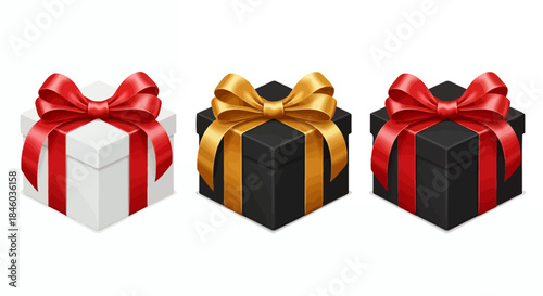 A festive collection of three elegant vector gift boxes, adorned with vibrant red and luxurious golden bows, perfect for holiday celebrations and special occasions.