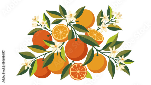 Vibrant Orange Fruit, Green Leaves & White Blossoms Illustration on Branch, Isolated Botanical Vector Graphic