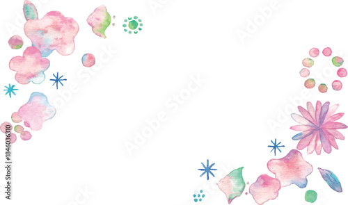 水彩画。水彩タッチの年賀状素材。和風の桜と椿の水彩ベクターフレーム。花の水彩年賀状テンプレート。Watercolor painting. Watercolor New Year's card material. Japanese-style cherry blossom and camellia watercolor vector frame. Floral watercolor New Year