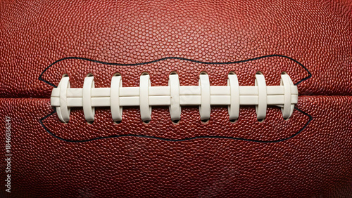 A close-up, high-fidelity photograph focuses intensely on the laces and textured leather surface of an American football ball.