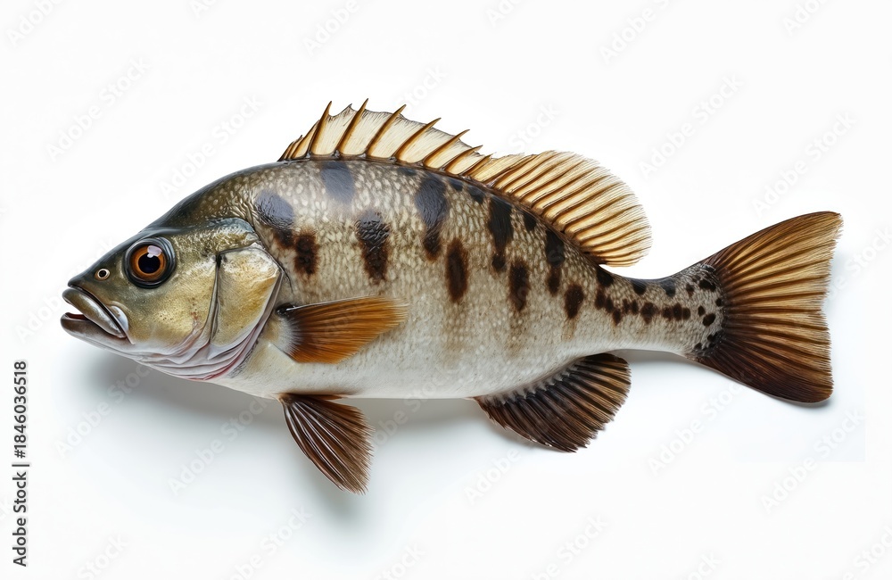 Fototapeta premium One spotted fish displayed on clean white backdrop. This grouper is ready for market display or culinary use. It offers prime protein source for healthy eating.