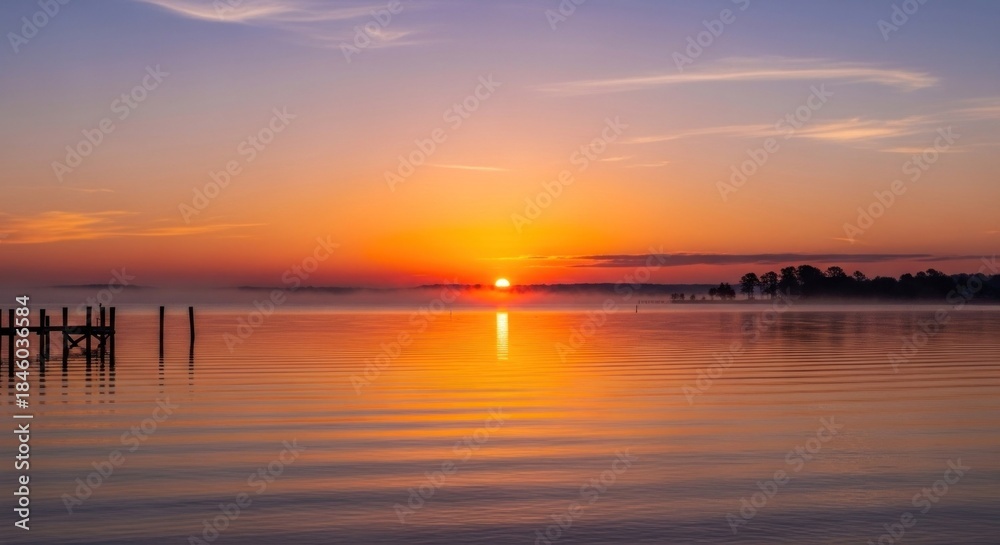 Fototapeta premium A serene, tranquil lake at sunset with a wooden dock and a lone boat, with a golden sun setting in the background.