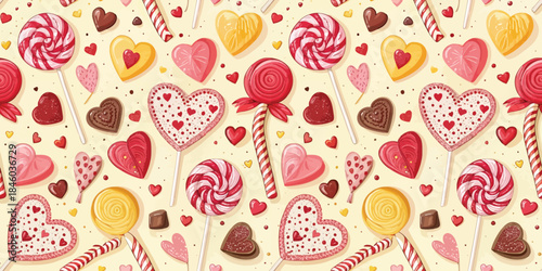 Colorful candy pattern featuring lollipops, heart-shaped candies, and chocolates on a soft pastel background.