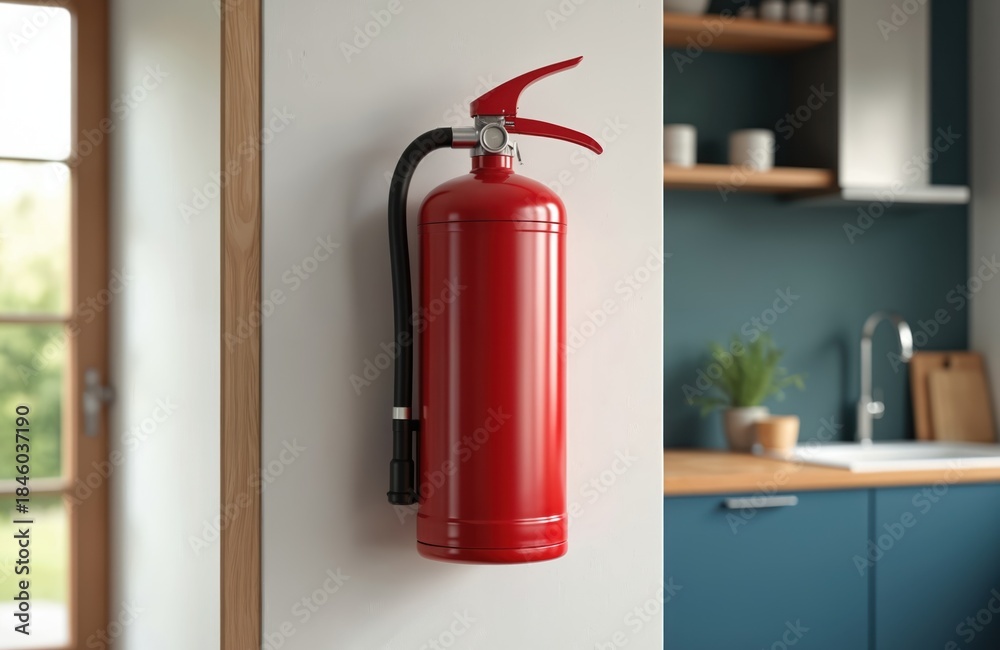 Obraz premium Red fire extinguisher mounted on kitchen wall. Safety equipment for fire prevention and protection inside domestic interior. Ready for emergency situations.