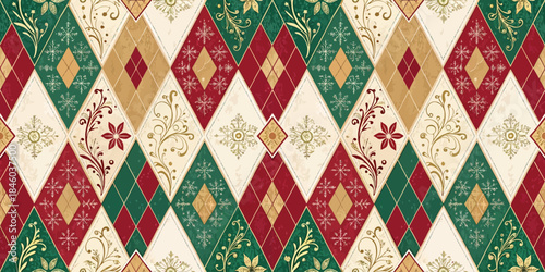 Colorful diamond-patterned fabric with festive floral designs in shades of green, red, and gold.