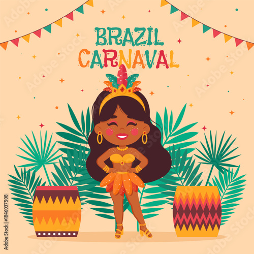 Brazil carnaval poster with cute samba dancer, drums, feathers and palm trees. Flat design for Brazilian party, parade and music dance celebration. Vector illustration