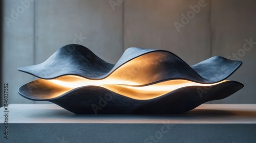 Illuminated sculptural lamp, modern interior, warm light, textured surface, home decor