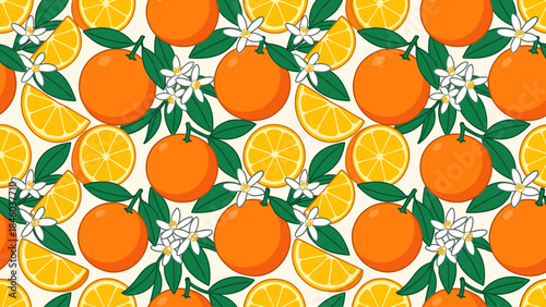 Vibrant Seamless Orange Pattern with Fresh Citrus Fruits, Slices, Green Leaves, and White Blossoms on a Light Background
