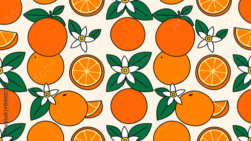 Vibrant Seamless Orange Pattern with Fresh Citrus Fruits, Slices, Green Leaves, and White Blossoms. Decorative Botanical Illustration.