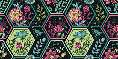 Colorful floral pattern featuring hexagonal designs with vibrant flowers and leaves.