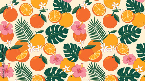 Vibrant Tropical Seamless Pattern with Oranges, Hibiscus Flowers, and Exotic Leaves on a Cream Background – Summer Fruit & Floral Wallpaper Design