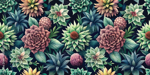 Colorful floral pattern featuring various succulents and foliage on a dark background.