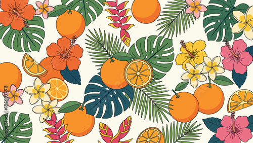 Vibrant Tropical Orange and Exotic Flower Seamless Pattern with Monstera Leaves, Summer Botanical Background Illustration