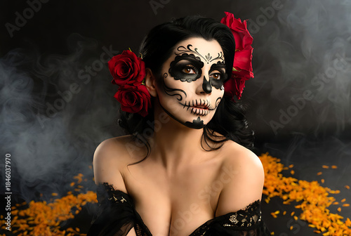 This wide image features a sensual interpretation of the traditional Catrina, blending cultural elements with allure, perfect for Halloween promotions, cultural posters, or festive backgrounds.