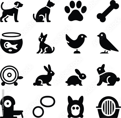 Pet and Animal Icons Set Keywords: pet, animal, icons, set, dog, puppy, cat, kitten, bird, chick, chicken, rabbit, bunny, fishbowl, bone, paw