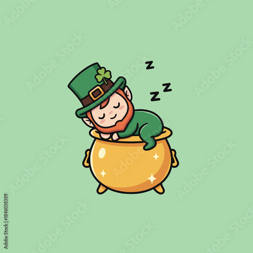 Cute Leprechaun Sleeping Peacefully in a Pot of Gold.