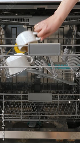 Woman put dirty dishes into dishwasher, closeup. Vertical footage
