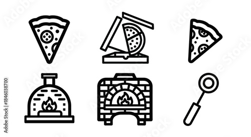 Pizza Preparation Icons - Slices, Oven, and Tools for Culinary Art.